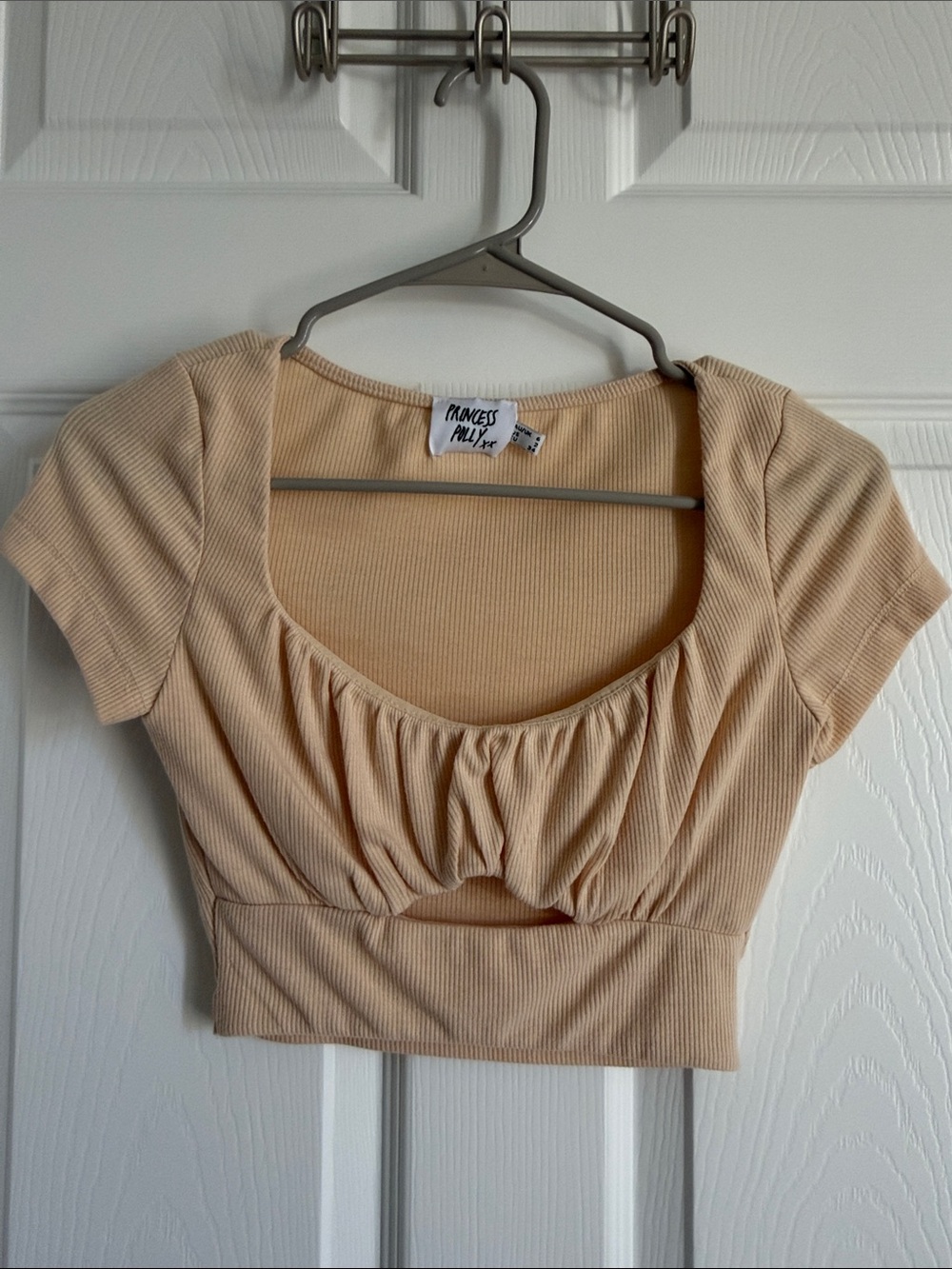 Princess Polly Beige Ribbed Gather-Front Crop Top